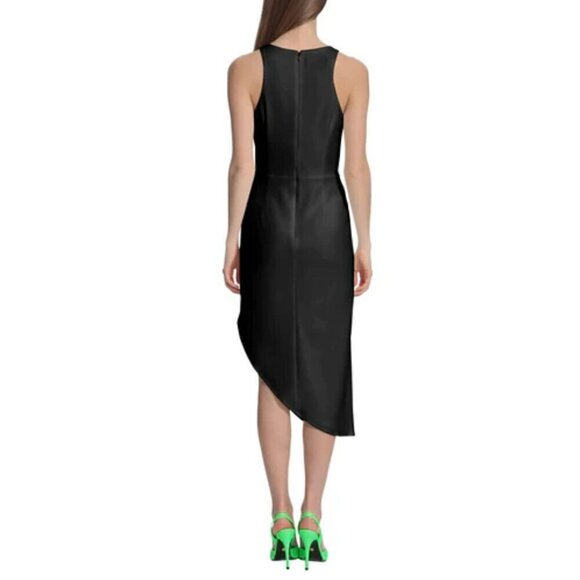 NWT DONNA MORGAN Women's QUILLA Side Ruched Asymmetrical Hem Midi Dress - Picture 3 of 5